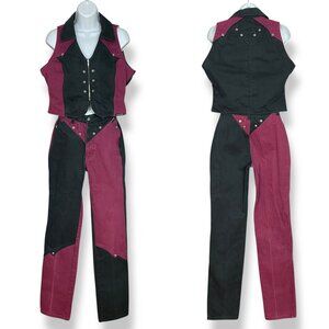 Vintage Western Ethics Jeans Vest Top Pants Country Maroon Black Women Two Tone